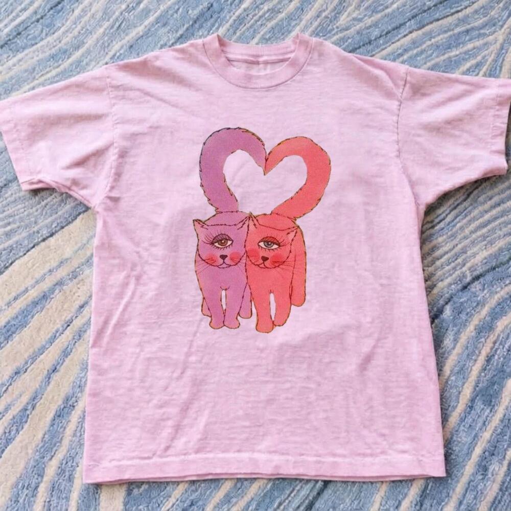 Surreal Cat Love Heart Pink Graphic Tee Vintage Retro Weirdcore Trippy Y2k Shirt